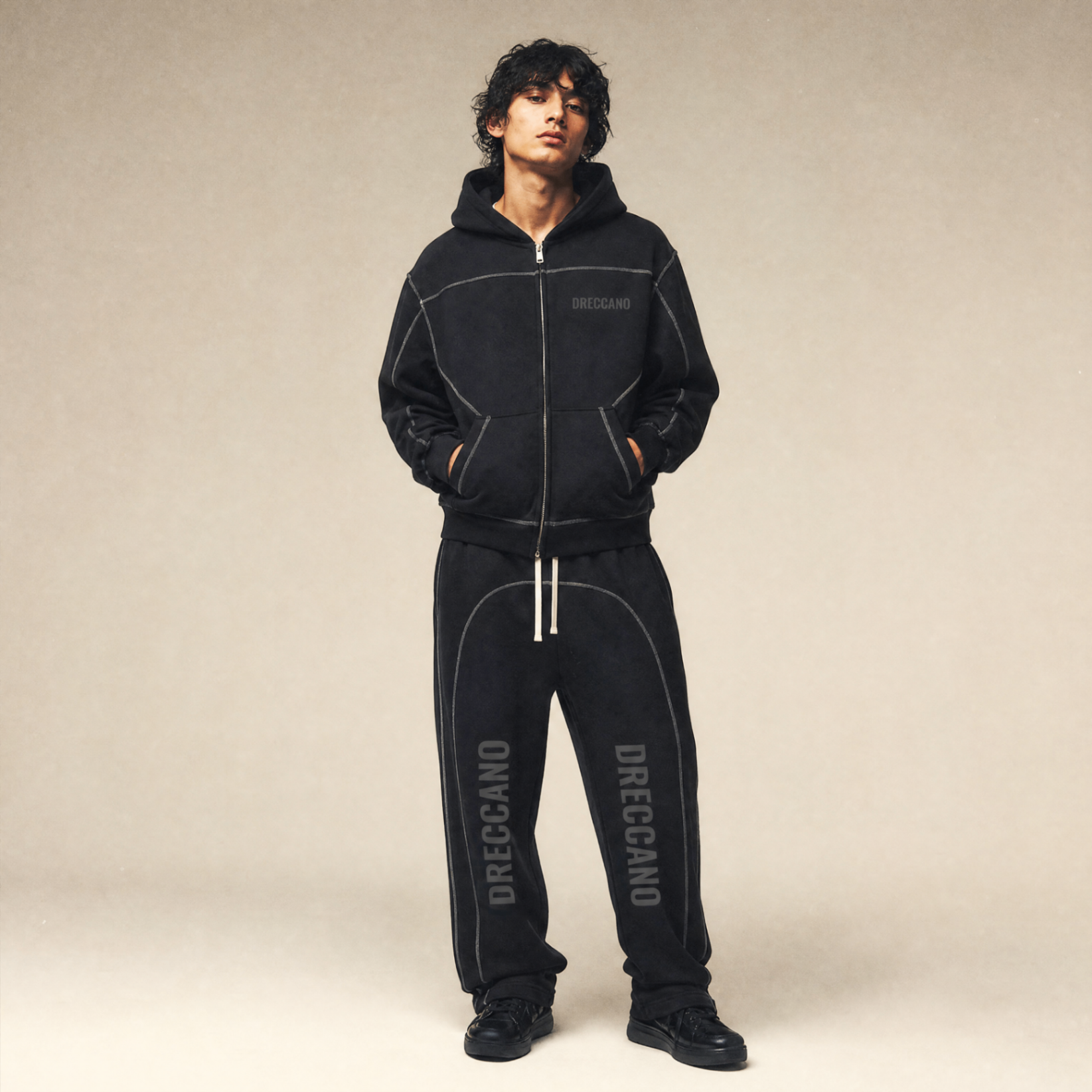 Dreccano black set on a male model — editorial studio